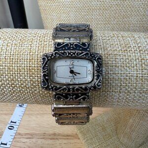 Brighton Silver-Tone Ornate Toggle Watch With Decorative Band - Unisex - 7 Inche